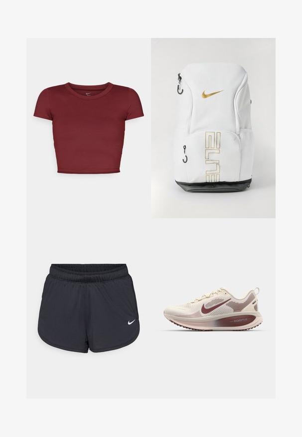 Bordeaux, kortstraat crop top van gladde stof met een ronde halslijn. Minimalistisch ontwerp, geen zichtbare logo's of patronen.; Zwarte sportieve shorts met een elastische tailleband, een sportief ontwerp en een wit Nike-logo aan de voorkant onderaan. Getextureerde stof.; Nike Performance VOMERO 18 - Hardloopschoenen voor op de weg - pale ivory/dark team red/red sepia/silt red/phantom; Nike rugzak in het wit met een gouden logo en de tekst "ELITE", ritsafsluitingen, mesh zijvakken en een zwarte onderkant. Gladde textuur.