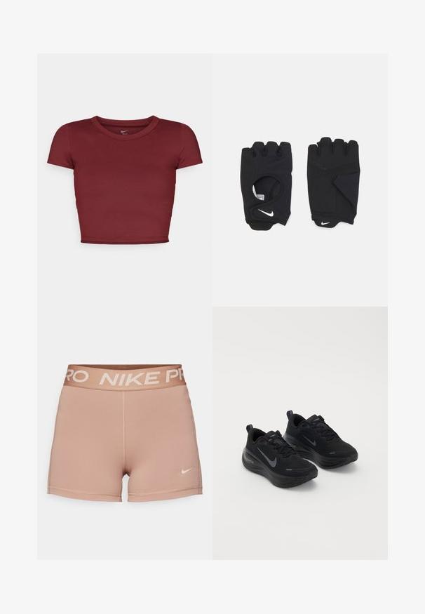 Top scurt, cu mânecă scurtă, de culoare burgundă, realizat dintr-un material neted, cu decolteu rotund. Design minimalist, fără logo-uri sau modele vizibile.; Shorts Nike Pro, bej luminos, talie elastică cu "NIKE PRO" în bej, țesătură netedă, design ajustat, detalii minime de coasere.; Pantofi sport negri, cu un brâu texturat, design cu șireturi și talpă groasă, căptușită. Prezintă un logo Nike gri pe fiecare parte.; Mânuși negre fără degete, dintr-un material elastic, cu un design cu palmă deschisă, accente pentru prindere și logo-ul Nike în alb.