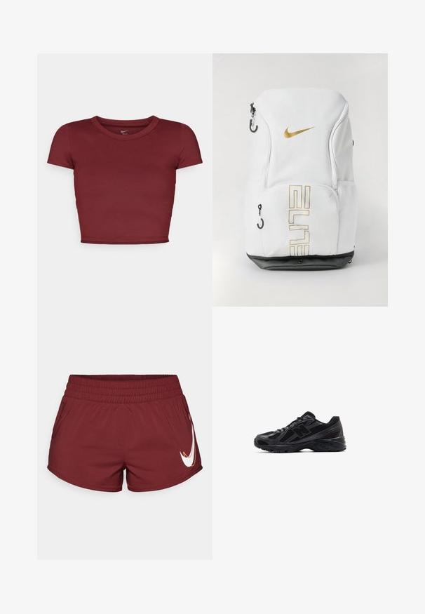 Top scurt, cu mânecă scurtă, de culoare burgundă, realizat dintr-un material neted, cu decolteu rotund. Design minimalist, fără logo-uri sau modele vizibile.; Șorturi atletice de culoare bordeaux, cu un brâu elastic, buzunare laterale și un logo alb Nike swoosh în partea dreaptă jos. Textură a materialului neted.; Pantofi sport negri cu un exterior din plasă și supraposerii sintetice, având o talpă texturată și accente reflectorizante pentru vizibilitate.; Rucsac Nike alb cu logo auriu și text „ELITE”, cu închideri cu fermoar, buzunare laterale din plasă și bază inferioară neagră. Textură netedă.