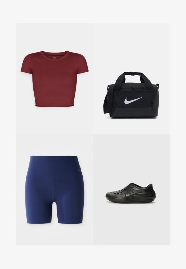 Burgundijas krāsas, īsām piedurknēm, īsais tops, izgatavots no gludas auduma ar apaļu dekoltē. Minimalistiskais dizains, bez redzamām logo vai rakstiem.; Tumši zili sporta šorti ar augstu jostasvietu, izgatavoti no elastīga auduma. Iekļauj bezšuvju dizainu un mazu pelēku logo jostasvietā.; Melnas slip-on krūzes, izgatavotas no gludas plastmasas, ar ribotu dizainu, perforētām atverēm augšdaļā un izsmalcinātu sānu logotipu.; Melnā sporta soma ar gludu audumu, divām rāvējslēdzēja kabatām, mīkstiem rokturiem un lielu baltu Nike logotipu priekšpusē.