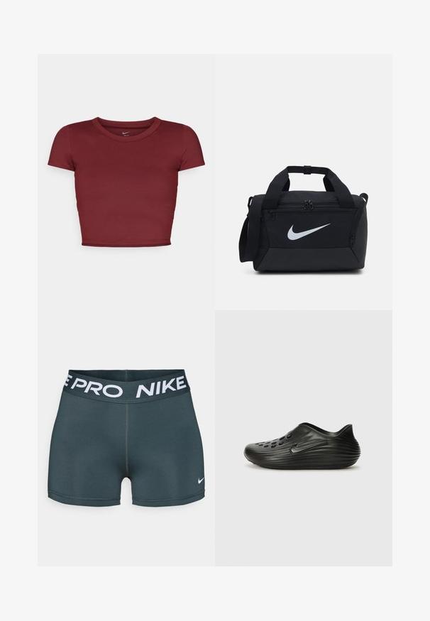 Burgundy, short-sleeved crop top made of smooth fabric with a round neckline. Minimalist design, no visible logos or patterns.; Dark gray Nike Pro athletic shorts with wide elastic waistband featuring "NIKE PRO" in white lettering and small white Nike swoosh logo.; Black slip-on clogs made of smooth plastic with a ribbed design, perforated holes on the upper, and a subtle side logo.; Black duffel bag with a smooth fabric, dual zippered compartments, padded handles, and a large white Nike logo on the front.