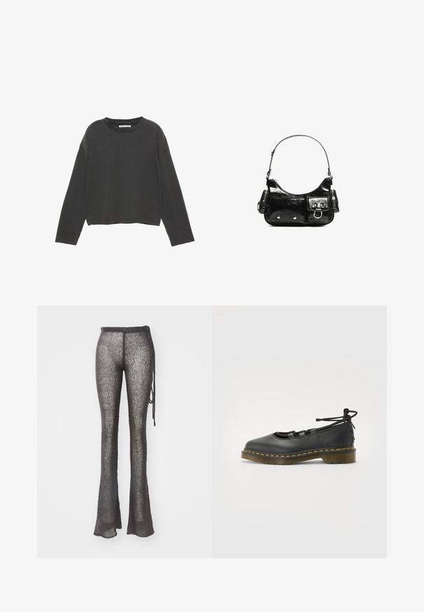 Mustat lyhyet hihat, pitkähihainen t-paita pehmeästä puuvillakankaasta. Ominaisuuksiin kuuluu pyöreä kaula-aukko ja näkyvät saumat.; Flaritut, neulottuja housuja tummanharmaana, joissa on avoin kudontamuotoilu. Ominaisuuksiin kuuluu naru vyötäröllä ja teksturoitu kangas.; Musta nahkakengät pyöreällä kärjellä, matalalla korolla, nauhatyylillä ja keltaisella ompeleella pohjan ympärillä. Sileä rakenne ja matta pinta.; Mustekko mustasta kiiltonahasta valmistettu käsilaukku, jossa on kaareva muoto, yksi olkahihna, etutaskut ja hopeanväriset yksityiskohdat.