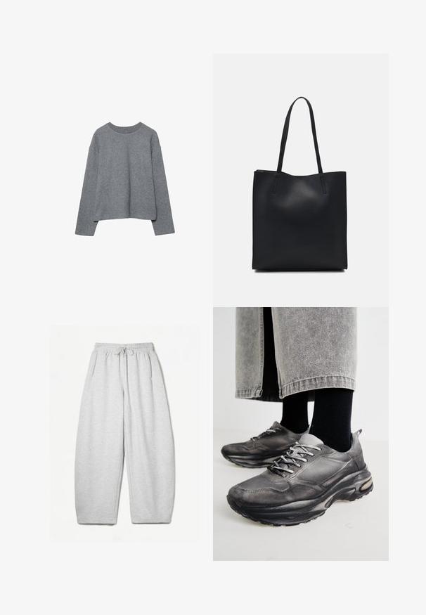 Siva skrajšana pulover iz mehkega pletenega materiala, z rebrastim krožnim izrezom in dolgimi rokavi, sproščenega kroja ter minimalnimi detajli.; Svijetlo sivi duksericasti donji dio s opuštenim krojem, elastičnim pojasom, vezicama i bočnim džepovima; izrađen od mekanog, teksturiranog materijala.; Črne in sive športne čevlje imajo mrežast zgornji del, debele podplate in vezalke. Imajo zaobljen nos in opazne podrobnosti oblazinjenja.; Črna usnjena torba s svilnato teksturo, pravokotne oblike in dvema dolgima ročajema. Brez vidnih metalnih delov ali okrasnih elementov.