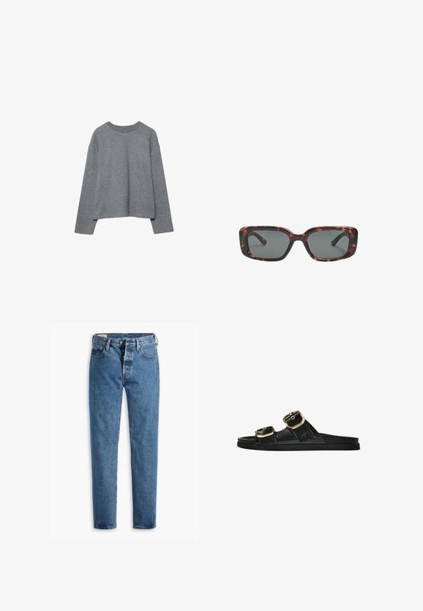 Sivi skraćeni pulover izrađen od mekog pletiva, s rebrastim okruglim izrezom i dugim rukavima, opuštenog kroja i minimalnim detaljima.; Svijetloplave traperice ravnog kroja, sa pet džepova i standardnim dugmadi na zatvaranju. Imaju narančaste šavove i blago izblijeđen izgled.; Crne sandale na klizanje s dva zlatna akcenta u obliku kopči, glatkog teksturiranog materijala, ravnim potplatom i minimalističkim dizajnom.; Smešane sunčane naočale s pravokutnim lećama, debelim okvirom i tamnim lećama. Glatka tekstura i minimalistički dizajn.
