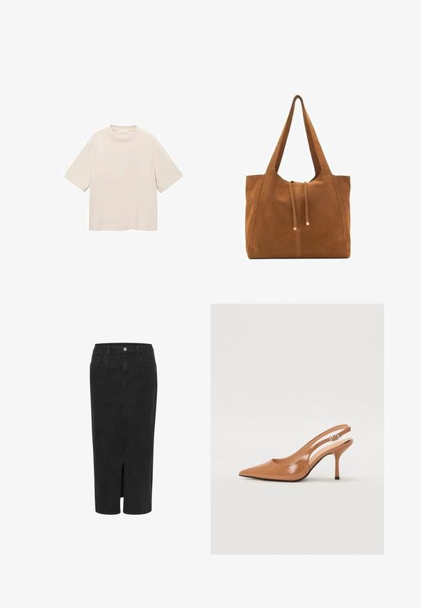 Maglietta a maniche corte, girocollo, in cotone beige chiaro. Design semplice con vestibilità rilassata e senza modelli o accenti visibili.; Gonna midi in denim nero con spacco frontale, taglio dritto, cinque tasche, chiusura con bottoni e passanti per cintura. Texture morbida e design classico.; Tacco slingback a punta affusolata in un materiale tan liscio e lucido. Presenta un design con ritaglio curvo e un sottile tacco a stiletto. Dettaglio con fibbia argentata.; Borsa a tracolla in suede marrone con due lunghe cinghie, chiusura con cordoncino e design minimalista. Texture liscia e senza elementi hardware visibili.