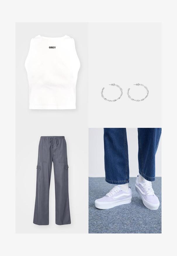 Obey Clothing BOLD - Top - white; Pantaloni cargo grigi con vita regolabile a coulisse, gamba ampia e due tasche laterali. Realizzati in un tessuto morbido e leggero.; Sneakers in suede viola chiaro con accenti bianchi, lacci piatti e una suola spessa bianca, indossati con calzini chiari e pantaloni di jeans larghi.; Orecchini a cerchio in argento con un design torciglionato, caratterizzati da una finitura lucida e chiusura a perno. Misurano circa 3 cm di diametro.