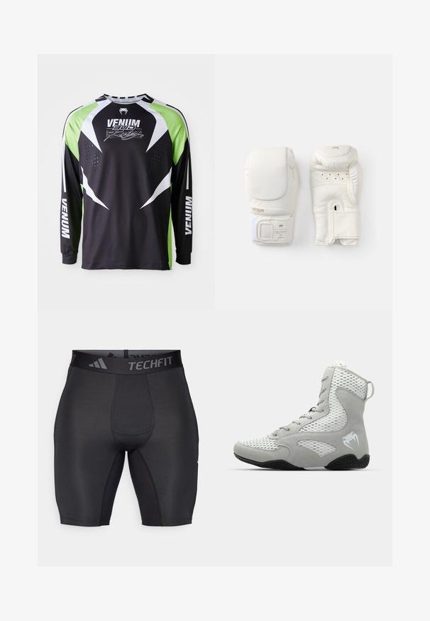 Crna, bijela i neon zelena dugosleeve sportska majica s "Venum" oznakom i zmijastim logotipom, te perforiranom ventilacijom na prednjem dijelu prsnog koša.; Crne sportske kratke hlače izrađene od glatkog, rastezljivog materijala. Imaju široki pojas s logotipom i spljoštene šavove za udobnost i izdržljivost.; Sive visoke sportske cipele s mesh panelima, teksturiranim antilopom, zaokruženim vrhom i gumeni potplat; na strani se nalazi bijeli logo.; Bijele bokserske rukavice napravljene od teksturirane sintetičke kože, s zlatnim detaljima, čičak trakom i ventilacijskim otvorima na dlanu.