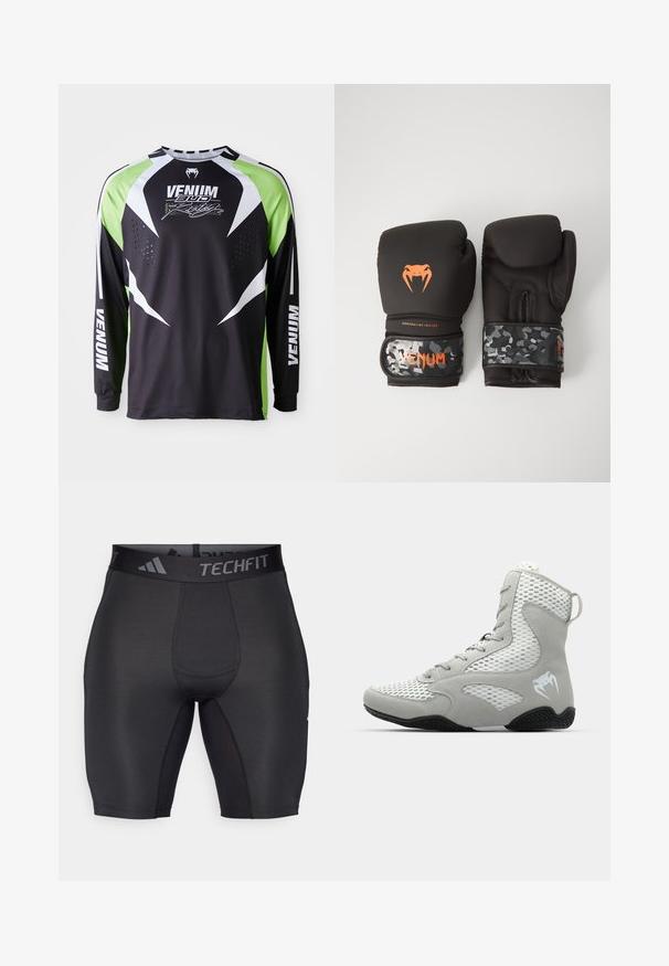 Schwarzes, weißes und neongrünes langärmliges Sportshirt mit "Venum" und Schlangenlogo sowie perforierter Belüftung im vorderen Brustbereich.; Schwarze Sportshorts aus glattem, elastischem Material. Mit einem breiten, markierten Bund und Flachnähten für Komfort und Langlebigkeit.; Graue hochgeschnittene Sportschuhe mit Mesh-Einsätzen, strukturiertem Wildleder, abgerundeter Zehenpartie und Gummisohle; verfügen über ein weißes Logo an der Seite.; Schwarze Boxhandschuhe mit matter Oberfläche und ergonomischem Design. Orangefarbene Logodetails und armeeähnlich gemusterte Handgelenkriemen.