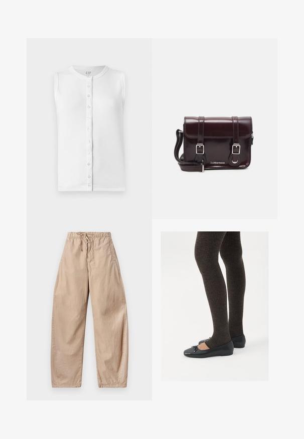 Witte mouwloze top van ribstof, met een ronde halslijn en een knoopsluiting aan de voorkant met doorzichtige knopen.; Beige katoenen wijde broek met een elastische tailleband en trekkoord, voorzien van zijzakken en een gladde, lichte textuur.; Zwarte platte schoenen met een kleine strikdetail op de neus, gecombineerd met donkerbruine geribbelde panty’s. De schoenen hebben een gladde textuur en een lage profiel.; Bordeaux patent leren crossbody tas met een rechthoekige vorm, twee banden, zilveren hardware en een klep sluiting.