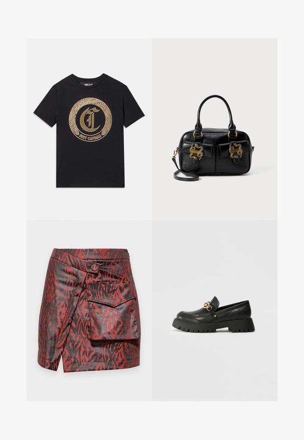 Musthave musta T-särk, millel on ümmargune kuldne graafiline disain ja stiliseeritud "C" ning tekst "JUST CAVALLI". Lühikesed varrukad, ümar kaelus, puuvillane materjal.; Punane ja must faux nahast seelik, millel on tiigri triibuline muster, mähise disain, ees nuppude detail ja küljetasku.; Mustmust mustat mustkest paksu, tekstuuriga kummitald. Omab kuldset ahelat üle vammuse ja ümarat nina disaini.; Must have tekstureeritud nahast käekott, millel on kaks ülemist käepidet, kaks esipaggi ja kullast viimistlused. Sisaldab eemaldatavat õlavarre rihma.