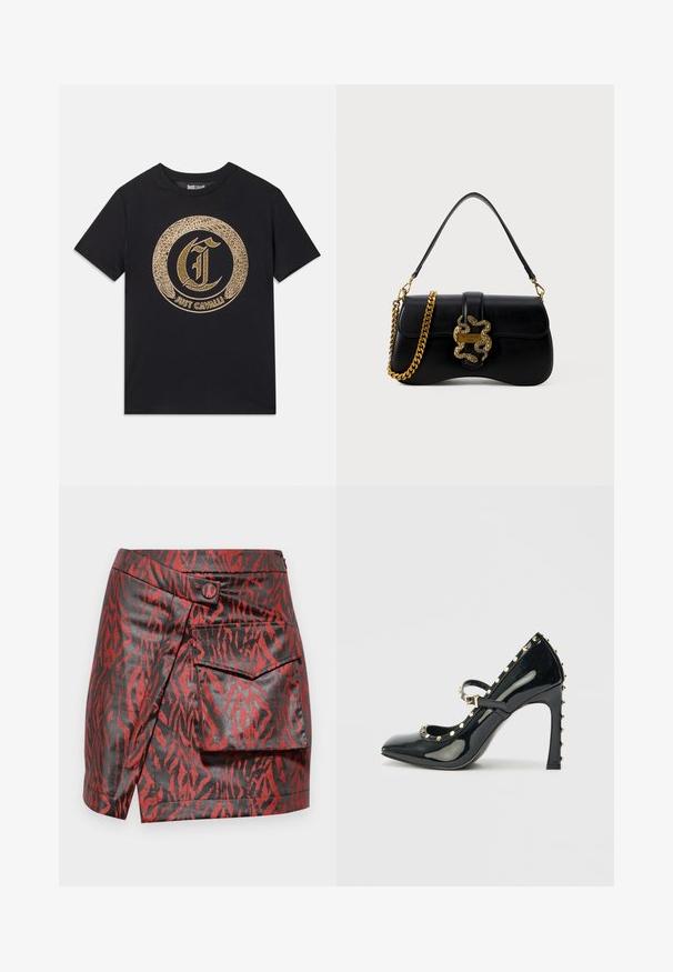 Črna majica s kratkimi rokavi, ki ima okroglo zlato grafično zasnovo s stilizirano črko "C" in besedilom "JUST CAVALLI". Ovratnik je krožen, material je bombaž.; Rdeča in črna krila iz umetnega usnja s tigrovim vzorcem, zavezanjem, sprednjim gumbom in stranskim žepom.; Črne patentesne visoke pete s ostrim nosom, zankami okoli gležnja in zlatimi zakovicami ob robovih.; Črna usnjena torbica s krivuljo, zlatim značajem v obliki kače in verižnim paščkom. Ima preklopno zapiranje z metalnim logotipom.