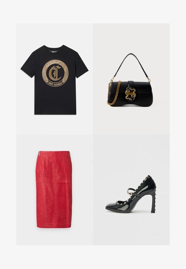 Musta t-paita, jossa on pyöreä kultainen graafinen kuvio, jossa on tyylitelty "C" ja "JUST CAVALLI" -teksti. Lyhyet hihat, pyöreä pääntie, puuvillamateriaali.; Punainen nahkainen midi-hame, jossa on sileä pinta, suora leikkaus, kaksi etutaskua ja sivuvetoketjukiinnitys.; Musta patentoitu korkeakorkoinen kenkä, jossa on terävä kärki, nilkkaremmi ja kultaiset niitti-akcentit reunoilla.; Mustat nahkabag, jossa on kaareva muoto, kultainen käärmeakcentti ja ketjuhihna. Varustettu läppäkiinnityksellä, jossa on metallinen logolevy.