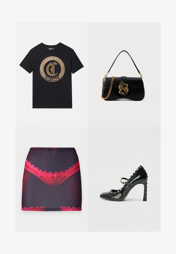 Črna majica s kratkimi rokavi, ki ima okroglo zlato grafično zasnovo s stilizirano črko "C" in besedilom "JUST CAVALLI". Ovratnik je krožen, material je bombaž.; Črna mini krila iz blaga z rdečo čipkastim robom na vrhu in ob robu, s grafičnim potiskom rdečega čipkastih spodnjic na sprednji strani.; Črne patentesne visoke pete s ostrim nosom, zankami okoli gležnja in zlatimi zakovicami ob robovih.; Črna usnjena torbica s krivuljo, zlatim značajem v obliki kače in verižnim paščkom. Ima preklopno zapiranje z metalnim logotipom.