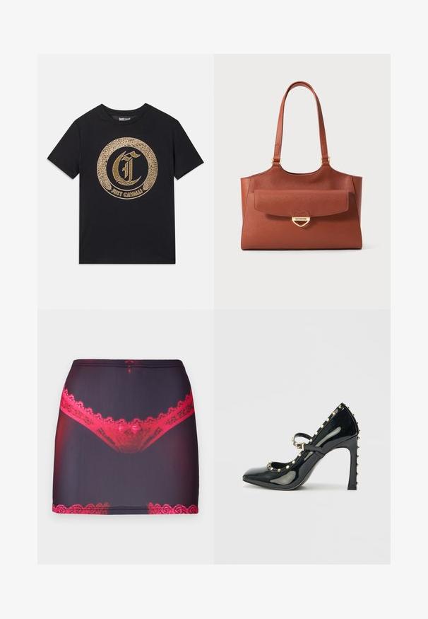 Zwarte t-shirt met een cirkelvormig gouden grafisch ontwerp met gestileerde "C" en "JUST CAVALLI" tekst. Korte mouwen, ronde hals, gemaakt van katoen.; Zwarte mini-jurk van stof met een rode kantafwerking aan de bovenkant en de zoom, versierd met een grafische print van rode kanten onderlijfjes aan de voorkant.; Zwarte patentleren hoge hak schoenen met een puntenneus, enkelbandje en gouden studs langs de randen.; Bruine leren tote bag met lange handvatten, voorflapzak, en gouden hartvormige sluiting gegraveerd met "Love Moschino."