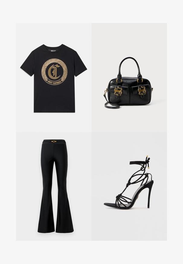 Black t-shirt featuring a circular gold graphic design with stylized "C" and "JUST CAVALLI" text. Short sleeves, crew neck, cotton material.; Black flared pants with a smooth texture, featuring a fitted waist and a gold circular accent in the front. Made from stretchy material.; Black stiletto sandal with a knotted strap design, open toe, and a slender heel. Smooth texture with gold-tone accents on straps.; Black textured leather handbag with dual top handles, two front pockets, and gold hardware accents. Features a detachable shoulder strap.