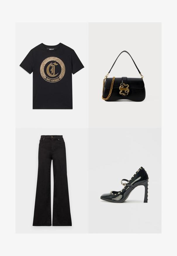 Črna majica s kratkimi rokavi, ki ima okroglo zlato grafično zasnovo s stilizirano črko "C" in besedilom "JUST CAVALLI". Ovratnik je krožen, material je bombaž.; Črne zvončaste jeans hlače iz denima z visokim pasom, ki imajo sprednje žepe in kovinske dodatke na gumbih in zakovicah.; Črne patentesne visoke pete s ostrim nosom, zankami okoli gležnja in zlatimi zakovicami ob robovih.; Črna usnjena torbica s krivuljo, zlatim značajem v obliki kače in verižnim paščkom. Ima preklopno zapiranje z metalnim logotipom.