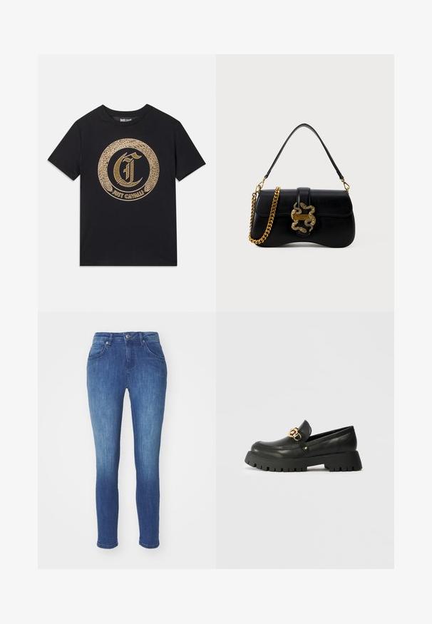 T-shirt preta com um design gráfico circular em dourado, incluindo um "C" estilizado e o texto "JUST CAVALLI". Com mangas curtas, decote redondo, em material de algodão.; Jeans skinny de denim azul escuro com um acabamento ligeiramente desbotado, apresentando um design padrão de cinco bolsos e um fecho frontal com botão.; Sapatilha de couro preto com uma sola de borracha grossa e texturizada. Apresenta um detalhe em corrente dourada na parte superior e um design de bico arredondado.; Bolsa de mão em couro preto com formato curvado, detalhe em cobra dourada e alça em cadeia. Apresenta um fecho de aba com uma placa de logotipo metálica.