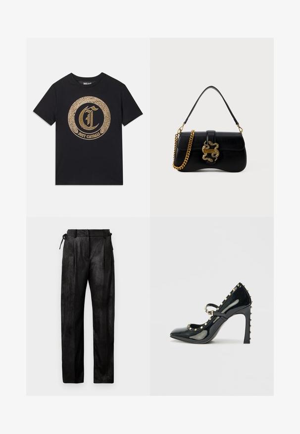 Čierne tričko s okrúhlym zlatým grafickým dizajnom so štýlovým písmenom "C" a textom "JUST CAVALLI". Krátke rukávy, okrúhly výstrih, bavlnený materiál.; Čierne, vysoké nohavice vyrobené z textúrovaného materiálu. Majú rovný strih nohavíc, skladanie a nastaviteľný šnúrkový pás.; Čierna lakovaná vysoká topánka na podpätku s špicatou špičkou, remienkom okolo členka a zlatými hrotmi pozdĺž okrajov.; Čierna kožená kabelka s zakriveným tvarom, zlatým hadím akcentom a reťazovým ramienkom. Obsahuje klopňové zapínanie s kovovou logovou platňou.