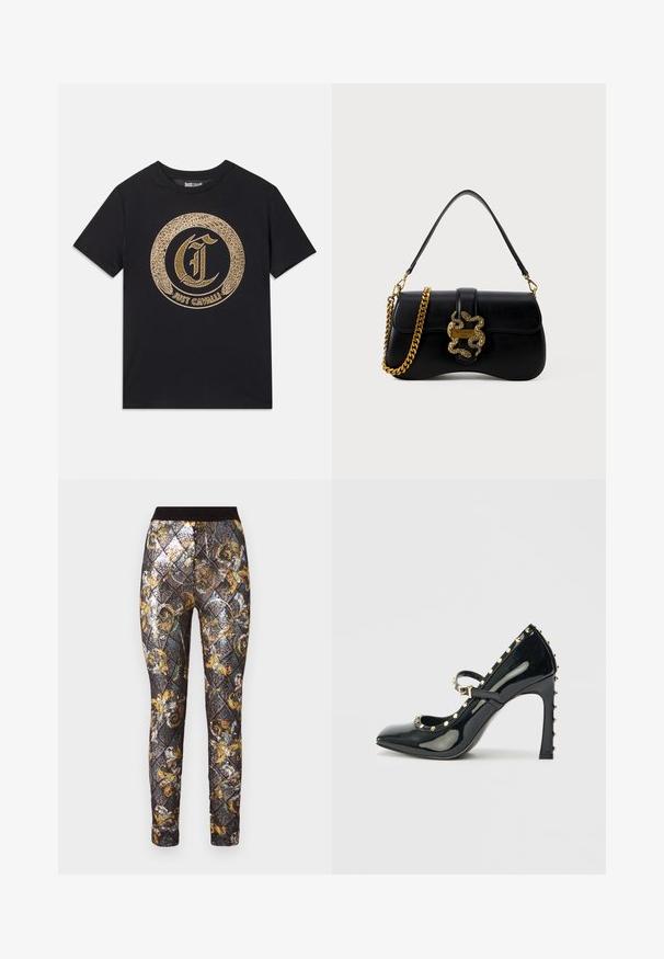 Svart t-skjorte med et sirkulært gullgrafisk design med stilisert "C" og "JUST CAVALLI" tekst. Korte ermer, rund hals, laget av bomull.; Svart og gull mønstrede tights med diamantdesign og paljetter, elastisk liv, og intrikate blomsterdetaljer.; Sort patentlæder højhælede sko med spidse tæer, ankelrem og gyldne nagler langs kanterne.; Svart lærhåndveske med buet form, gullslangeaccent og kjede-rem. Har klafflås og en metallisk logo-plade.