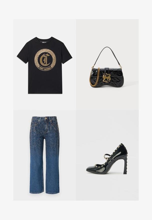 Črna majica s kratkimi rokavi, ki ima okroglo zlato grafično zasnovo s stilizirano črko "C" in besedilom "JUST CAVALLI". Ovratnik je krožen, material je bombaž.; Denim hlače z naravnost krojem. Temno modra tkanina ima subtilen vzorec majhnih kovinskih žebljičkov na vrhu, ki se na dnu postopoma zlije v enotno barvo.; Črne patentesne visoke pete s ostrim nosom, zankami okoli gležnja in zlatimi zakovicami ob robovih.; Črna torbica iz umetnega usnja z embosiranim valovnim vzorcem, zlate barve verižni trak in dekorativni zaponka v obliki kače s podrobnostjo logotipa.