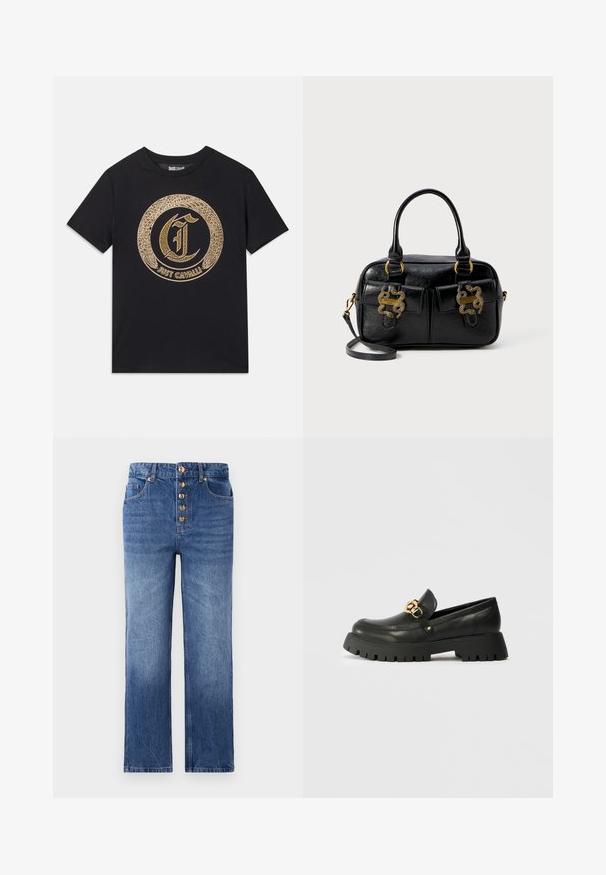 Camiseta negra con un diseño gráfico circular dorado que presenta una "C" estilizada y el texto "JUST CAVALLI". Manga corta, cuello redondo, material de algodón.; Jeans de mezclilla azul con una cintura alta, cierre frontal de cinco botones, piernas rectas y un ligero desgastado. Diseño clásico de cinco bolsillos.; Mocasines de cuero negro con una suela de goma gruesa y texturada. Presentan un acento de cadena dorada a través de la parte superior y un diseño de puntera redondeada.; Bolso de mano de cuero negro texturizado con dos asas superiores, dos bolsillos frontales y detalles en dorado. Cuenta con una correa de hombro desmontable.