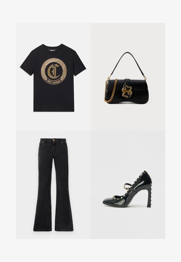 Črna majica s kratkimi rokavi, ki ima okroglo zlato grafično zasnovo s stilizirano črko "C" in besedilom "JUST CAVALLI". Ovratnik je krožen, material je bombaž.; Črne flare kavbojke z petimi žepi, sprednjim gumbom in kontrastnim šivom. Tkanina ima gladko teksturo.; Črne patentesne visoke pete s ostrim nosom, zankami okoli gležnja in zlatimi zakovicami ob robovih.; Črna usnjena torbica s krivuljo, zlatim značajem v obliki kače in verižnim paščkom. Ima preklopno zapiranje z metalnim logotipom.