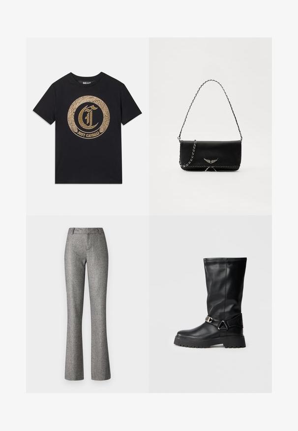 T-shirt preta com um design gráfico circular em dourado, incluindo um "C" estilizado e o texto "JUST CAVALLI". Com mangas curtas, decote redondo, em material de algodão.; Calças cinzentas à boca de sino, feitas de um tecido texturizado com um padrão subtil. Apresenta um fecho frontal, passantes para cinto e um corte ajustado.; Botas pretas até ao joelho, feitas de couro liso, com um detalhe de fivela de lado e uma sola espessa e texturizada para melhor aderência.; Saco de couro preto com uma alça de corrente prateada, apresentando ornamentos em forma de asas e costura branca ao longo da costura inferior.