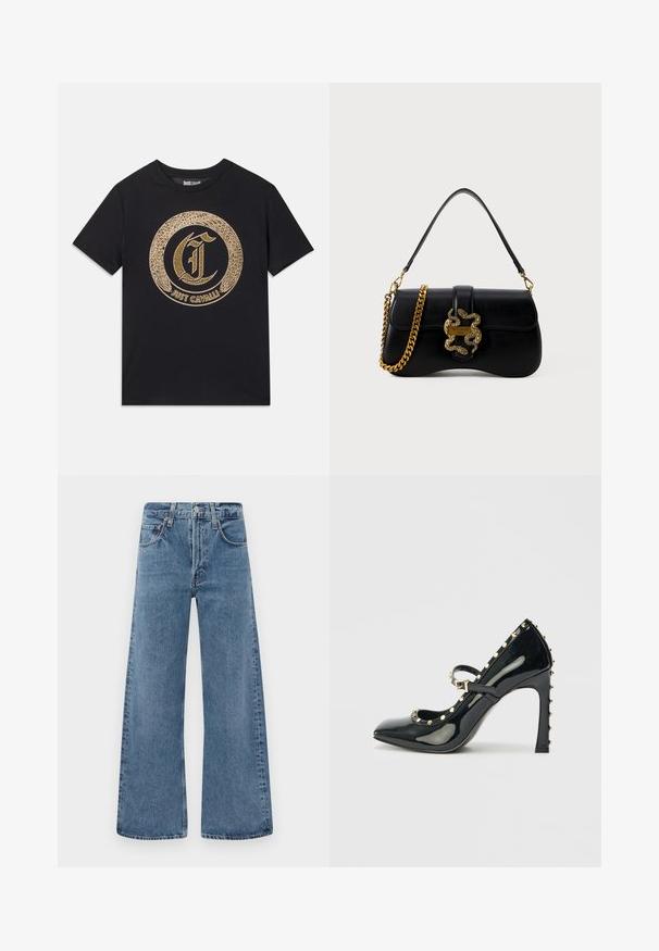 T-shirt preta com um design gráfico circular em dourado, incluindo um "C" estilizado e o texto "JUST CAVALLI". Com mangas curtas, decote redondo, em material de algodão.; Jeans de ganga azul de perna larga com um design clássico de cinco bolsos, fecho de botão e textura desgastada, apresentando acabamentos em bruto nas bainhas.; Sandal de salto alto em couro envernizado preto com bico afilado, faixa no tornozelo e detalhes em studs dourados ao longo das bordas.; Bolsa de mão em couro preto com formato curvado, detalhe em cobra dourada e alça em cadeia. Apresenta um fecho de aba com uma placa de logotipo metálica.