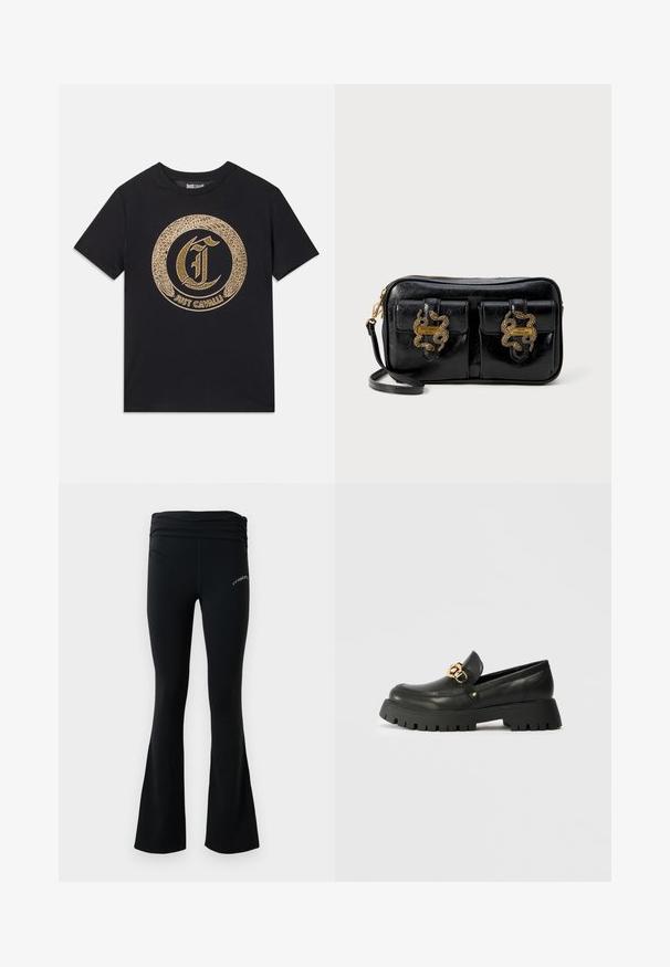 Tricou negru cu un design grafic circular auriu, având literele stilizate "C" și textul "JUST CAVALLI". Mâneci scurte, guler rotund, din material de bumbac.; Colanți de yoga negri, cu brâu plisat și un mic logo alb pe coapsa superioară, expuși pe un fundal alb simplu.; Mocasini din piele neagră cu o talpă groasă, texturată din cauciuc. Prezentând un accent cu lanț auriu pe partea din față și un design cu vârf rotund.; Pochetă de mână din piele neagră cu închidere cu fermoar, având două buzunare frontale decorate cu accesorii în formă de șarpe aurii și eticheta brandului. Curea scurtă detașabilă.