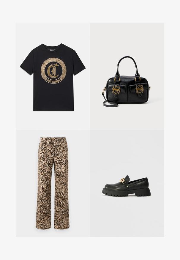 Černé tričko s kulatým zlatým grafickým designem se stylizovanými písmeny "C" a textem "JUST CAVALLI". Krátké rukávy, kulatý výstřih, bavlněný materiál.; Kalhoty s širokými nohavicemi v leopardím vzoru v béžové a černé barvě. Bavlněná směs s hladkým povrchem, vysokým pasem a bez viditelného kovového zapínání.; Černé kožené mokasíny s tlustou, strukturovanou gumovou podešví. Vyznačují se zlatým řetězcem přes nárt a zaobleným tvarem špičky.; Černá kabelka z texturované kůže s dvojitými horními uchy, dvěma předními kapsami a zlatými kovovými doplňky. Obsahuje odnímatelný ramenní popruh.