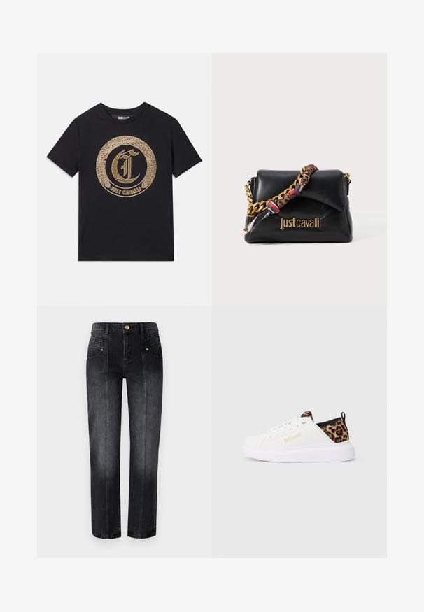 T-shirt preta com um design gráfico circular em dourado, incluindo um "C" estilizado e o texto "JUST CAVALLI". Com mangas curtas, decote redondo, em material de algodão.; Jeans de ganga escuro com um design de perna reta, apresentando bolsos frontais, detalhes em ouro e costuras contornadas. Estilo clássico de cinco bolsos.; Sapatilhas brancas de cano baixo com área do calcanhar em padrão de leopardo, logótipo dourado "Just Cavalli" na lateral, atacadores brancos e sola branca espessa.; Bolsa de couro preta com uma alça de corrente dourada, apresentando um detalhe em tecido estampado e um logótipo embutido na parte da frente.