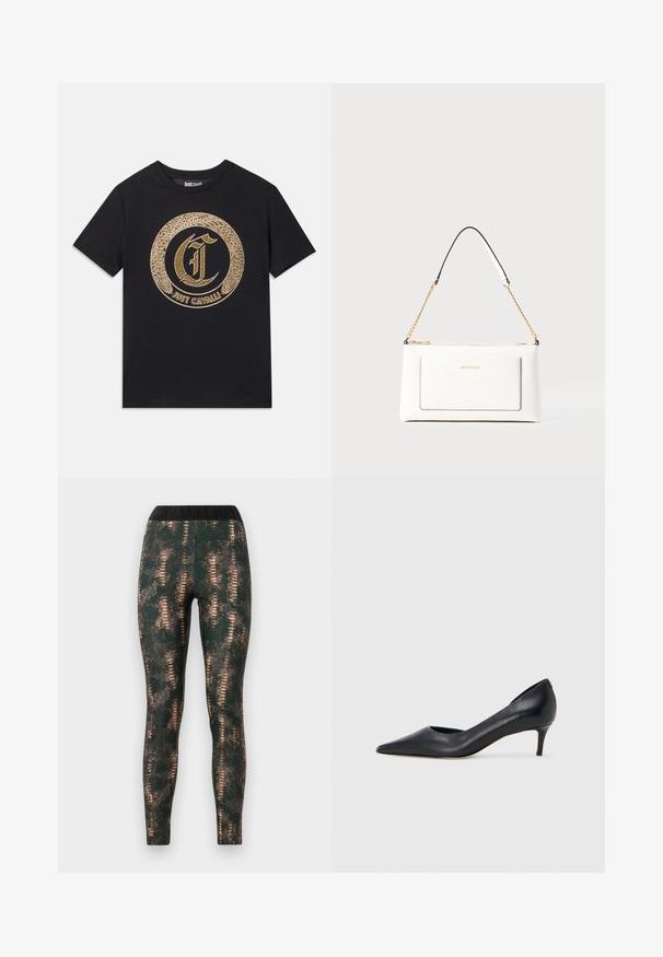 T-shirt preta com um design gráfico circular em dourado, incluindo um "C" estilizado e o texto "JUST CAVALLI". Com mangas curtas, decote redondo, em material de algodão.; Leggings justas verde escuro com padrão de pele de cobra, apresentando uma cintura larga preta com o nome da marca em relevo.; Sapato de salto alto preto em pele com bico fino e salto baixo. Apresenta uma textura suave e brilho subtil. Corte aberto na parte da frente para um detalhe adicional.; Bolsa de mão branca em couro com acabamento texturizado, featuring a corrente dourada e detalhes pretos. Inclui um bolso frontal e fecho com zipper.
