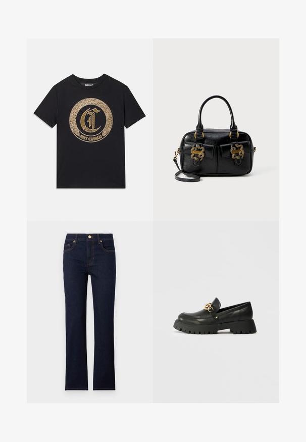 Musta t-paita, jossa on pyöreä kultainen graafinen kuvio, jossa on tyylitelty "C" ja "JUST CAVALLI" -teksti. Lyhyet hihat, pyöreä pääntie, puuvillamateriaali.; Tummansiniset farkut suoralla lahkeella, joissa on kultanappi ja oranssit ompeleet. Mukana etupockets ja klassinen vyötärö.; Musta nahkainen loafers-kengät, joissa on paksu, teksturoitu kumipohja. Kengissä on kultaketjun yksityiskohta varvasosassa ja pyöreä kärkiprofiili.; Musta teksturoitu nahkalaukku, jossa on kaksoiskahvat, kaksi etutaskua ja kultaiset koristeet. Varustettu irrotettavalla olkahihnalla.