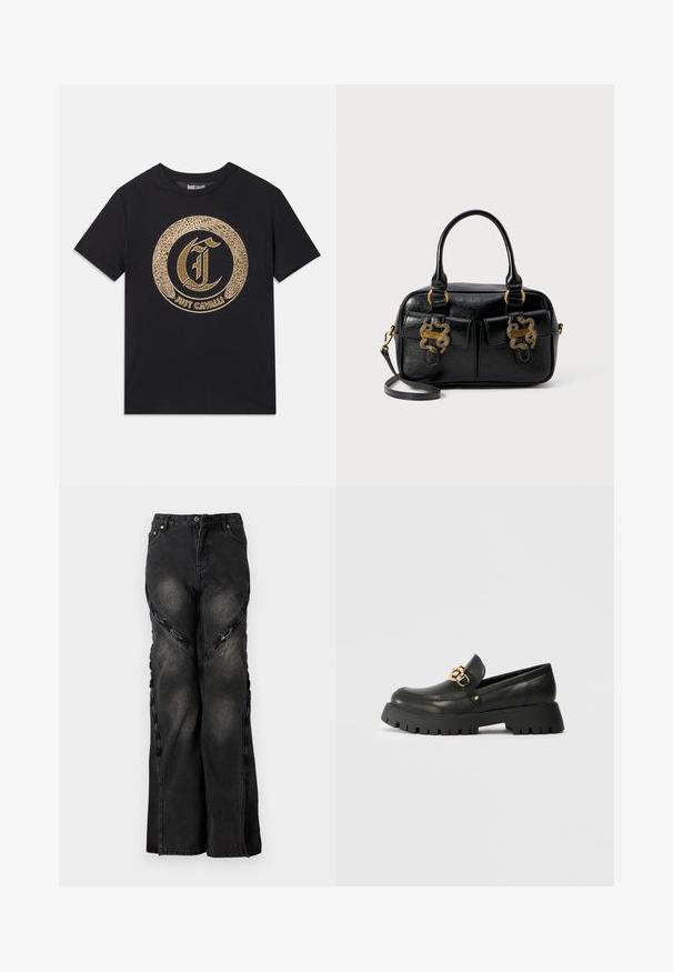 Sort T-shirt med et cirkulært guld grafisk design med stiliseret "C" og teksten "JUST CAVALLI". Korte ærmer, rund hals, lavet af bomuldsmateriale.; Sorte denimjeans med en vid benudskæring, der har kædeaccentuer langs sidesømmene og en knap- og lynlåslukning i taljen.; Sorte læder loafers med en tyk, tekstureret gummisål. Har en guldkæde-accent over vamsen og et rundt tådesign.; Sort tekstureret læderhåndtaske med to top håndtag, to frontlommer og guldfarvede hardware-detaljer. Har en aftagelig skulderrem.
