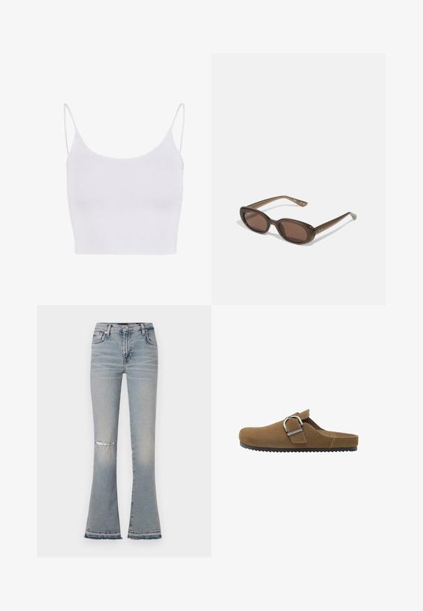 Witte cami-top met dunne verstelbare banden, een aansluitend ontwerp en een gladde, rekbare textuur zonder patronen of versieringen.; Lichtblauwe uitlopende jeans met een versleten knie, vijf zakken en een rafelige zoom. Gemaakt van denimstof en met een middelhoge tailleband.; Bruine suede klomp met een brede band en een zilveren metalen gesp, met een gestructureerde zool en een open achterkant.; Brown ovalen zonnebrillen met donkere lenzen. Het montuur is gemaakt van doorzichtig bruin materiaal en heeft een logo dat op de slapen is gedrukt.; Bruine leren handtas met twee stevige handvatten, rechthoekige vorm, gladde textuur en ritssluiting. Minimalistisch ontwerp zonder zichtbare patronen.