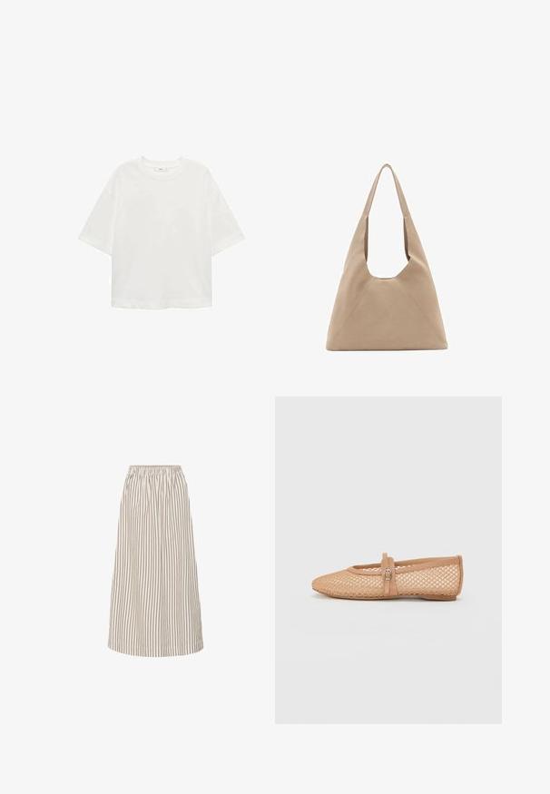 Weißes T-Shirt mit kurzen Ärmeln, Rundhals, lässiger Schnitt aus weichem Material. Keine Muster oder Akzente, mit einem Standard-Saum.; Braune Leinenbluse mit Kragen, tiefem V-Ausschnitt und breiten Glockenärmel. Sie hat vertikale weiße Streifen und eine entspannte, kastige Form.; Leichte A-Linien-Midiskirt in Creme mit dünnen braunen vertikalen Streifen. Mit elastischem Bund und glattem, fließendem Stoff.; Nude-Mesh-Ballettschuhe mit spitzer Zehenpartie, geschlossenem Fersenbereich und einem dekorativen Riemen mit Schnalle über dem Rist. Strukturierte Oberfläche.; Beige Stofftasche mit einzigartiger dreieckiger Form, breiten Schulterriemen und sichtbaren Nahtdetails für zusätzliche Stabilität.