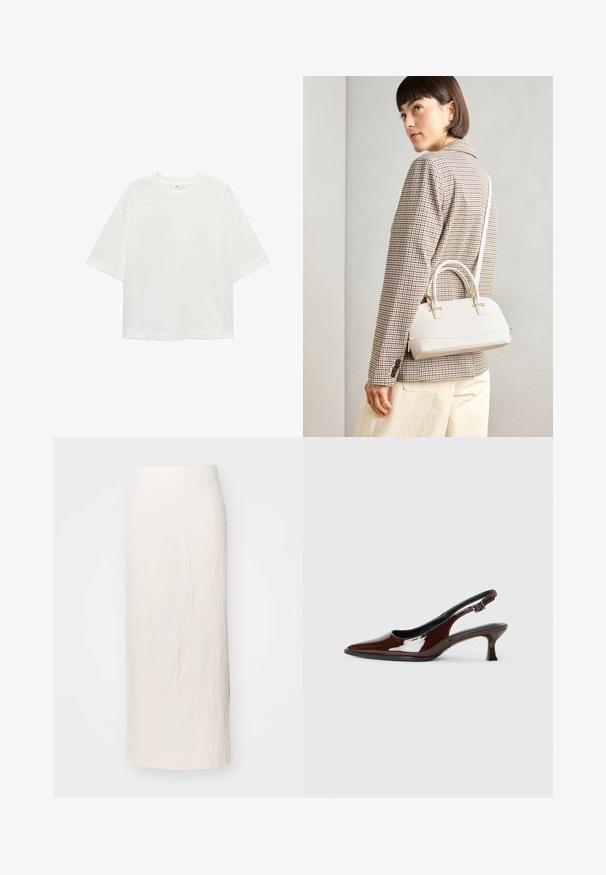 Witte korte mouwen t-shirt met een ronde hals, relaxed fit, gemaakt van zachte stof. Geen patronen of accenten, met een standaard zoom.; Crèmekleurige linnenrok met een rechte silhouet, knielengte. Heeft een schone tailleband en subtiele textuur. Geen zichtbare hardware of accenten.; Bruine gepatineerde leren slingback-schoen met een spitse neus en een gematigd hakje. Voorzien van een gespsluiting voor een veilige pasvorm. Glad van textuur.; Witte gestructureerde handtas met korte handvatten en een schouderband, voorzien van gouden hardwareaccenten en een textuurmateriaal, tentoongesteld tegen een grijze achtergrond.