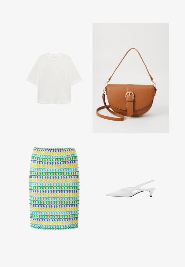 Witte korte mouwen t-shirt met een ronde hals, relaxed fit, gemaakt van zachte stof. Geen patronen of accenten, met een standaard zoom.; Geweven rok met horizontale banden in geel, groen, blauw en wit. Textuurstof met rek en een aansluitende pasvorm.; Witte slingback hak met spitse neus, voorzien van een gladde bovenkant, subtiele uitsparingen en een lage blokhak. Zwarte zool accentueert het ontwerp.; Bruine leren schoudertas met een gebogen vorm, gouden hardware en een gespaccent. Bevat een afneembare schouderriem.; Gouden creolen met een getextureerd ontwerp en drie heldere kristalaccenten aan één zijde, wat een moderne geometrische esthetiek biedt.