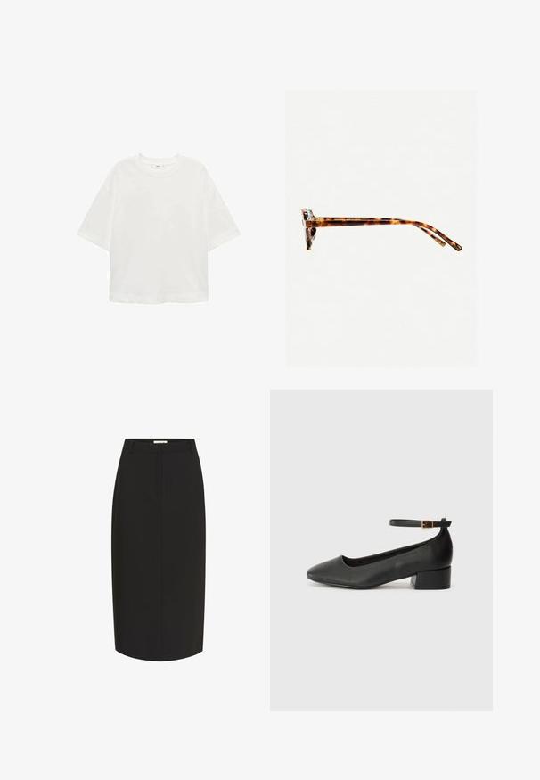 White short-sleeve t-shirt with a round neck, relaxed fit, made of soft fabric. No patterns or accents, featuring a standard hemline.; Black pencil skirt made from smooth fabric, featuring a fitted silhouette, knee-length design, and front slit pockets.; Black leather pump with a pointed toe and a low block heel. Features an ankle strap with a gold-tone buckle. Smooth texture.; Tortoiseshell sunglasses with a thick frame, slightly curved temples, and smooth texture. Features a classic design with a glossy finish.