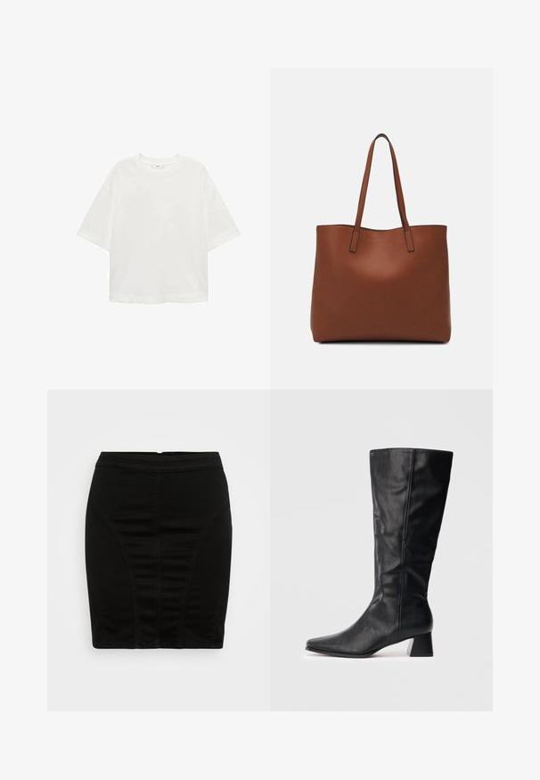 Witte korte mouwen t-shirt met een ronde hals, relaxed fit, gemaakt van zachte stof. Geen patronen of accenten, met een standaard zoom.; Zwarte denim kokerrok met een aansluitend ontwerp, voorzien van verticale naaddetails en een middenhoog tailleband voor een gestroomlijnd silhouet.; Zwarte leren laars tot halverwege het kalf met spitse neus en blokhak op een plain lichte achtergrond.; Bruine leren tote bag met een gladde textuur, een ontwerp met een open bovenkant en twee schouderbanden. Kenmerkt zich door minimale stiksels en geen zichtbare hardware.