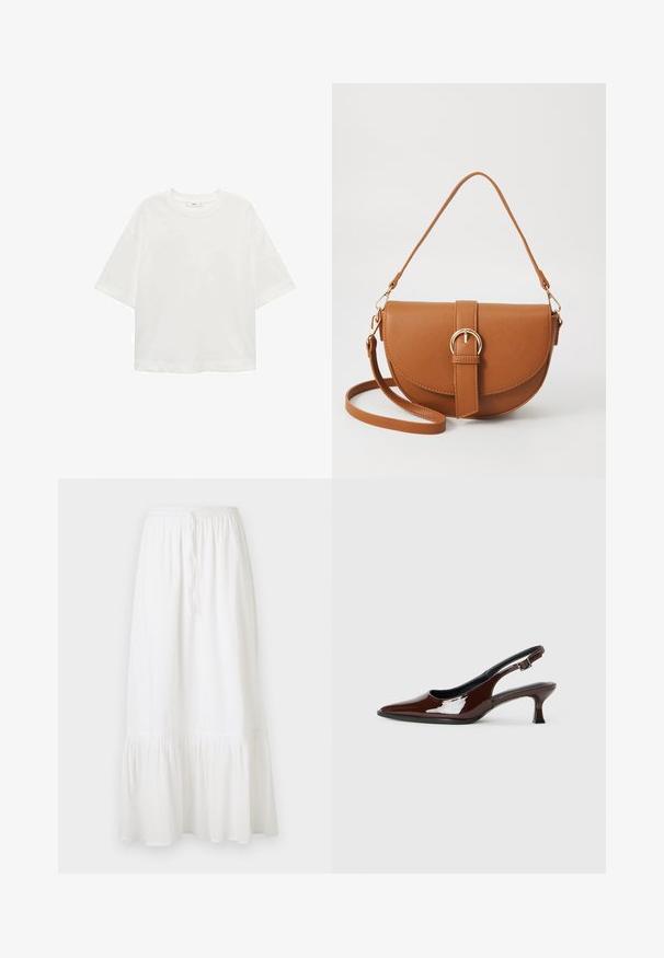 Bijela majica kratkih rukava s okruglim izrezom, ležernog kroja, izrađena od mekanog materijala. Bez uzoraka ili dodataka, s klasičnom rubnom završetkom.; Bijela suknja do koljena od lagane tkanine s elastičnim pojasom i vezicom. Sadrži volan na rubu i suptilnu teksturu.; Smeđe patentne kožne cipele s otvorenom petom, špicastim vrhom i umjerenom petom. Imaju remen s kopčom za sigurno pristajanje. Glatka tekstura.; Smeđa kožna torba preko tijela s zakrivljenim oblikom, zlatnim metalnim detaljima i naglaskom na kopču. Ima odvojivu naramenicu.