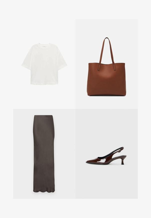 Bijela majica kratkih rukava s okruglim izrezom, ležernog kroja, izrađena od mekanog materijala. Bez uzoraka ili dodataka, s klasičnom rubnom završetkom.; Marron saten suknja do poda s prilagođenim siluetom i glatkom teksturom. Ima suptilni sjaj bez vidljivih uzoraka ili ukrasa.; Smeđe patentne kožne cipele s otvorenom petom, špicastim vrhom i umjerenom petom. Imaju remen s kopčom za sigurno pristajanje. Glatka tekstura.; Smeđa kožna torba preko ramena s glatkom teksturom, otvorenim vrhom i dvjema naramenicama. Ima minimalne šavove i nema vidljivog hardvera.