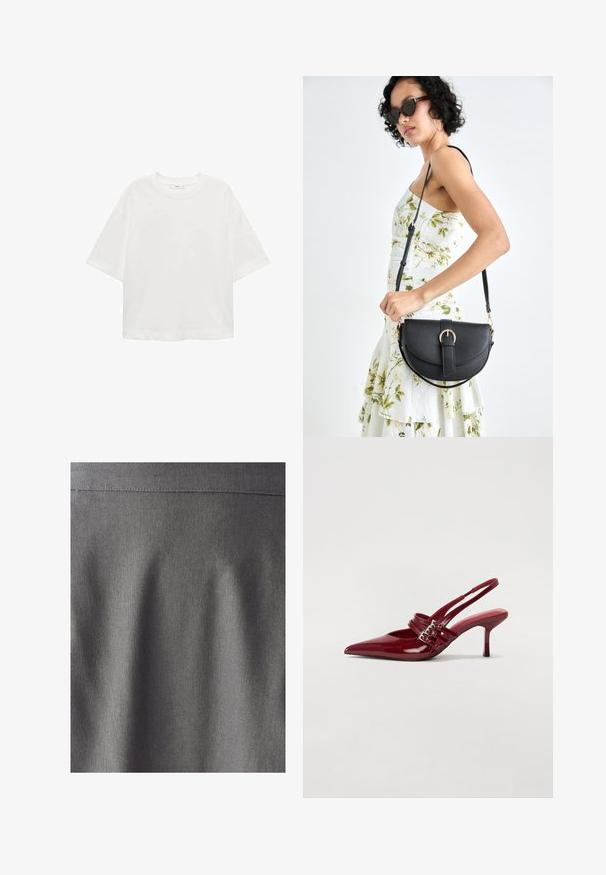 Witte korte mouwen t-shirt met een ronde hals, relaxed fit, gemaakt van zachte stof. Geen patronen of accenten, met een standaard zoom.; Grijze stof met een gladde, uniforme textuur. Subtiele glans accentueert de strakke lijnen en vouwen, wat wijst op een gestructureerd ontwerp. Geen zichtbare patronen of afdrukken.; Rode gepatenteerde leren slingbackhakken met een spitse neus, twee gespsluitingen en een slanke, middelhoge stilettohak. Glad textuur.; Zwarte leren handtas met een gebogen vorm, afneembare schouderband en gouden hardware. De tas heeft een klep met een gespsluiting.