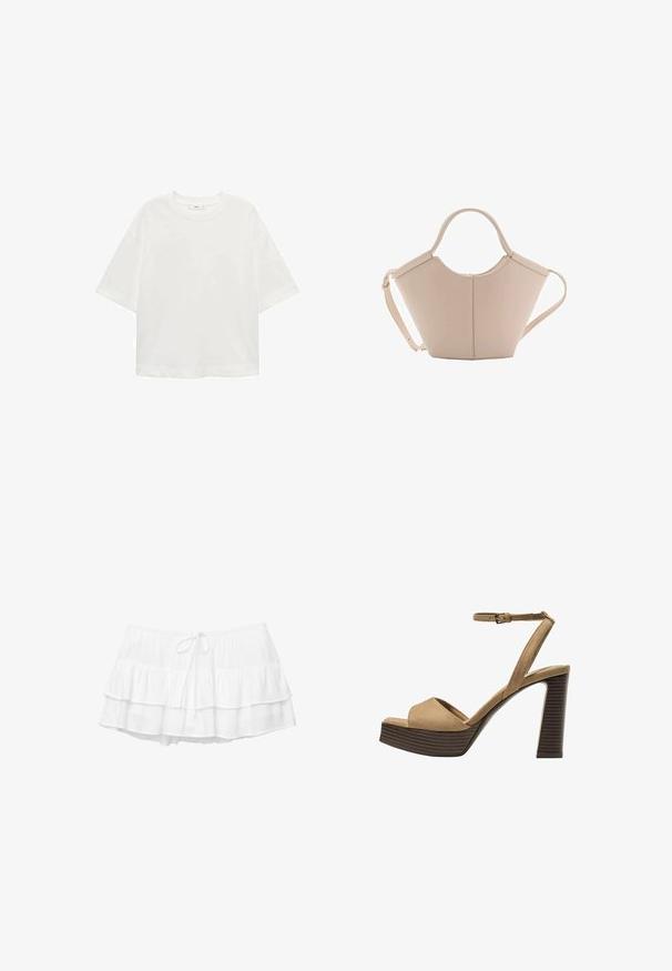 Weißes T-Shirt mit kurzen Ärmeln, Rundhals, lässiger Schnitt aus weichem Material. Keine Muster oder Akzente, mit einem Standard-Saum.; Weißen, geschichteten Rock mit drei Rüschenschichten, elastischem Bund und Kordelzugdetails. Hergestellt aus leichtem, strukturiertem Stoff.; Beige Wildleder-Pumps mit hohem Absatz, breitem Vorderband und Knöchelriemen, ausgestattet mit einem klobigen Holzblockabsatz mit strukturiertem Finish.; Beige Lederhandtasche mit einer einzigartigen Form, die zwei kurze Henkel und einen langen verstellbaren Riemen aufweist. Glatte Textur mit minimalen Hardware-Elementen.