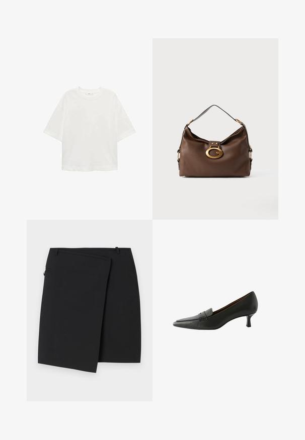 T-shirt bianco a maniche corte con scollo rotondo, vestibilità comoda, realizzato in un tessuto morbido. Senza fantasie o dettagli, con orlo standard.; Gonna nera avvolgente con una texture liscia, dotata di chiusura laterale con zip e due passanti per cintura. Design semplice senza motivi o dettagli visibili.; Scarpa nera in pelle con tacco e punta affusolata, dotata di una fascia decorativa. Presenta un tacco a stiletto basso e una superficie liscia.; Borsa a mano in pelle marrone con una finitura testurizzata, dotata di un gancio in metallo dorato e di una singola tracolla curva.