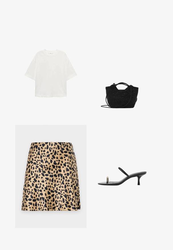Bílé tričko s krátkým rukávem a kulatým výstřihem, volný střih, vyrobené z měkkého materiálu. Bez vzorů nebo akcentů, s klasickým lemem.; Mini sukně s leopardím potiskem vyrobená z hladké látky; má béžový podklad s černými skvrnami; jednoduchý střih a bez viditelného kovového zapínání.; Černé sandály na vysokém podpatku s elegantním designem, které mají tenké popruhy a jedinečný přední akcent. Hladký povrch s špičatou špičkou a 7,5 cm podpatkem.; Černá tkaná taška přes rameno s dvojitými uchy a odnímatelným ramenním popruhem. Má otevřený vršek a texturovaný, lehký materiál.