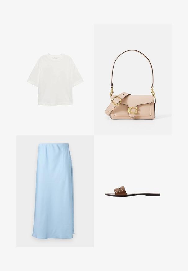Bela kratka majica s kratkimi rokavi in okroglim izrezom, sproščenega kroja, narejena iz mehkega materiala. Brez vzorcev ali dodatkov, z običajnim robom.; Svetlo modra, krila do kolen, izdelana iz gladkega materiala. Ima stranski razporek za enostavno gibanje in preprost, elastičen pas.; Rjave usnjene natikače s ploskim podplatom, ki imajo širok trak in bele geometrijske poudarke za minimalističen dizajn.; Svetlo roza usnjena torbica s ukrivljenim pokrovom, zlatim dodatki in odstranljivim trakom z dodatkom verige. Gladka površina in natančno šivanje.