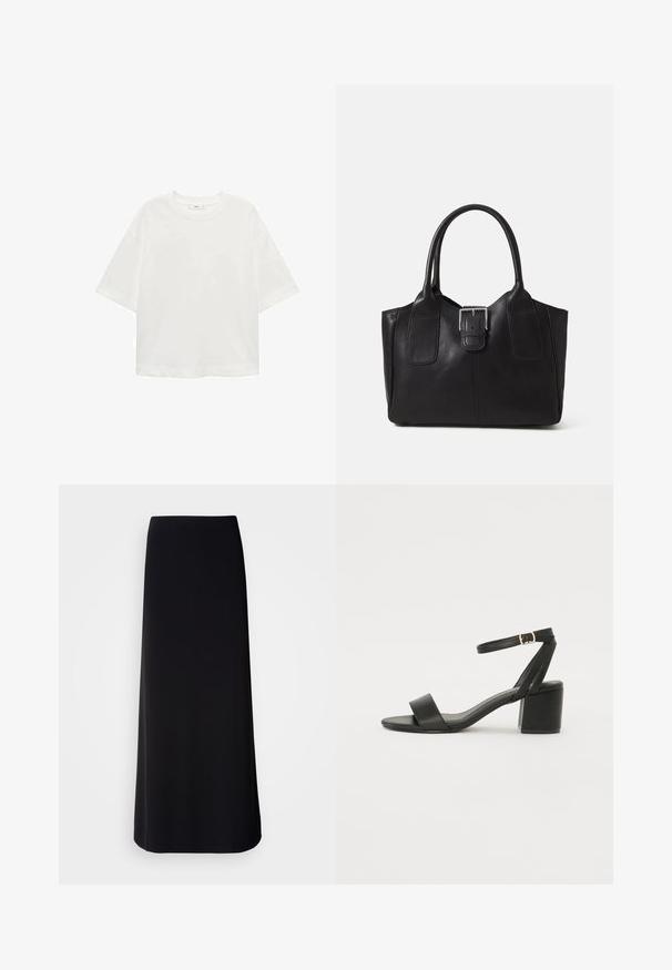 Bela kratka majica s kratkimi rokavi in okroglim izrezom, sproščenega kroja, narejena iz mehkega materiala. Brez vzorcev ali dodatkov, z običajnim robom.; Črna, dolga krila iz gladkega blaga z ravno silhueto. Ima preprost, brez okrasen dizajn brez vidnih vzorcev ali okraskov.; Črne sandale na peto z gladkim usnjenim zgornjim delom, odprtim nosom, širokimi sprednjimi trakovi in nastavljivim gležnjenčkom z zlatim zaponko.; Črna usnjena torba s gladko teksturo, strukturirano obliko, dvema ročkama in izrazitim srebrnim sponko na sprednji strani.