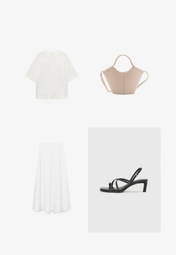 T-shirt bianco a maniche corte con scollo rotondo, vestibilità comoda, realizzato in un tessuto morbido. Senza fantasie o dettagli, con orlo standard.; Mango POPPLIN-A - Gonna lunga - white; Sandalo nero con cinturini, dalla punta squadrata e tacco basso a blocco. Presenta diversi cinturini sottili e una cinturini regolabile alla caviglia. Realizzato in pelle liscia.; Borsa in pelle beige con una forma unica, caratterizzata da due manici corti e una lunga tracolla regolabile. Texture liscia con hardware minimale.