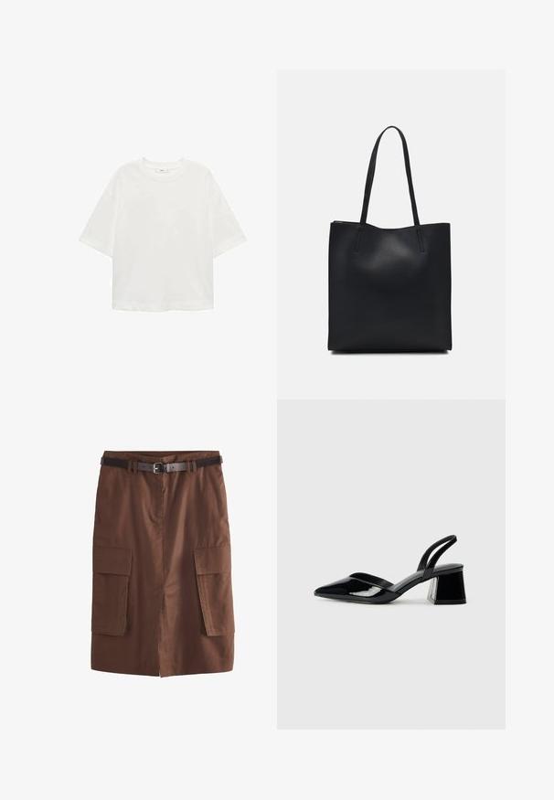 Weißes T-Shirt mit kurzen Ärmeln, Rundhals, lässiger Schnitt aus weichem Material. Keine Muster oder Akzente, mit einem Standard-Saum.; Brauer Baumwollrock mit einem mittellangen Design, einem taillierten Bund, einem schlitz vorne und zwei großen aufgesetzten Taschen für Funktionalität.; Schwarze Lackleder-Slingback-High Heels mit spitzem Schuh und einem geometrischen Blockabsatz. Verfügt über ein schlankes, minimalistisches Design und eine glatte Textur.; Schwarze Laptoptasche aus Leder mit glatter Textur, rechteckiger Form und zwei langen Griffen. Keine sichtbaren Beschläge oder Verzierungen.
